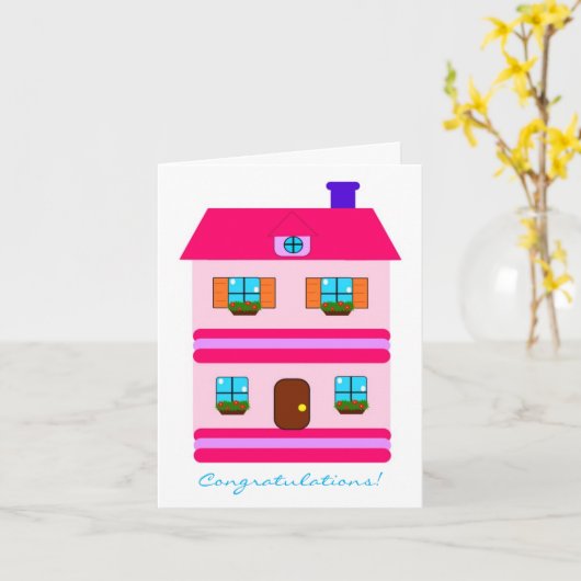 お祝い! かわいいピンクの新しい家の引っ越し祝いパーティー カード (黄色い花)