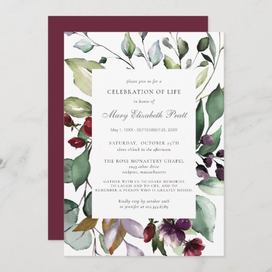 お祝い・オブ・ライフ葬儀ブルゴーニュ赤い植物学 招待状 (正面/裏面)