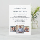 お祝い・オブ・ライフ葬儀ブルーホワイト3枚の写真 招待状 (スタンド正面)