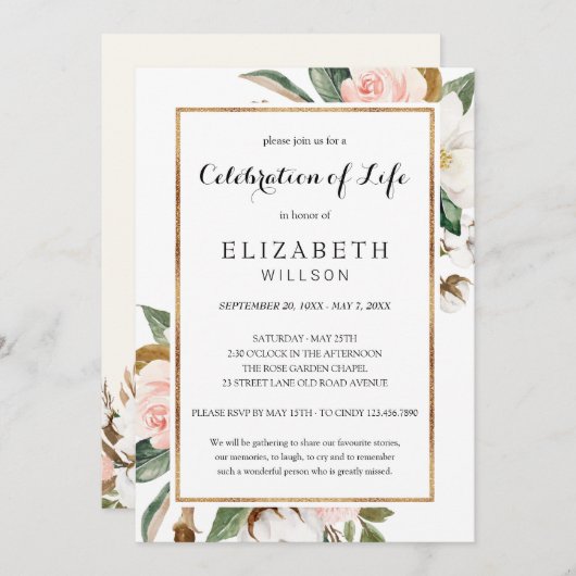 お祝い・オブ・ライフ葬送記念赤面フローラ 招待状 (正面/裏面)