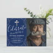 お祝い・オブ・ライフ・ブルー・シルバーフォト 招待状 (スタンド正面)