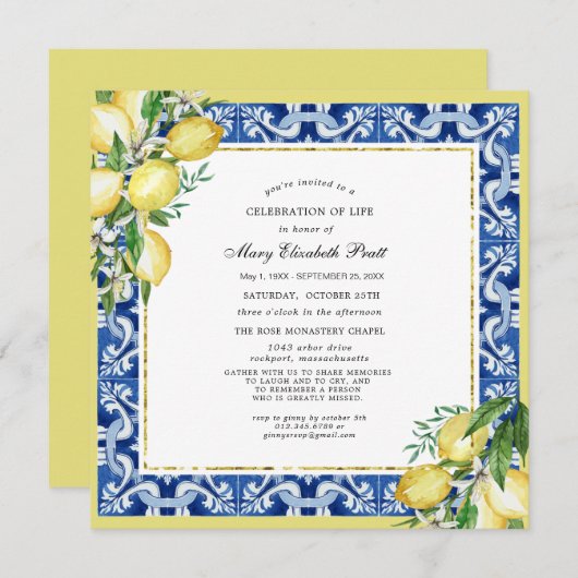 お祝い・オブ・ライフ・メモリアル・サービス・レモンスクエア 招待状 (正面/裏面)