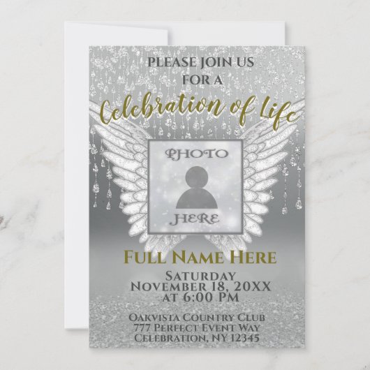 お祝い・オブ・ライフ – 銀と金ゴールドが写真を追加 招待状 (正面)