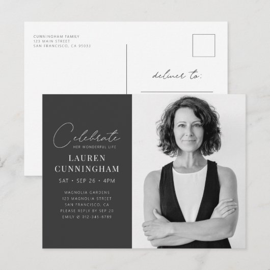 お祝い・ハー・スワンダフル・ライフ・モダンシンプル写真 インビテーションポストカード (正面/裏面)