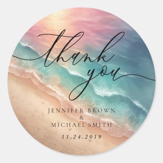 お祝い ブランディング ピンクビーチ 海 ありがとう ラウンドシール (正面)