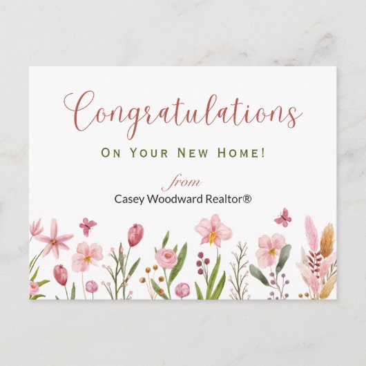 お祝い 不動産エージェントのためのピンクの花 ポストカード (正面)
