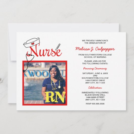お祝い/赤をピンで止めるナースの写真の卒業 招待状 (正面)
