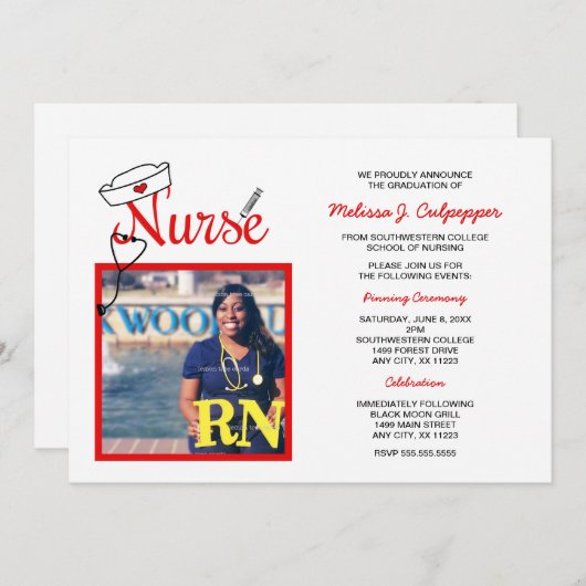 お祝い/赤をピンで止めるナースの写真の卒業 招待状 (正面/裏面)