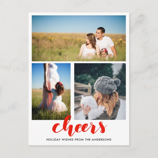 お祝い 赤 手書き ホリデー スクリプト 3枚の写真 シーズンポストカード (正面)