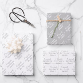 お祝パーソナライズされたい名、シルバーオンホワイト ラッピングペーパーシート