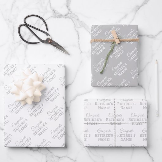 お祝パーソナライズされたい名、シルバーオンホワイト ラッピングペーパーシート (正面)