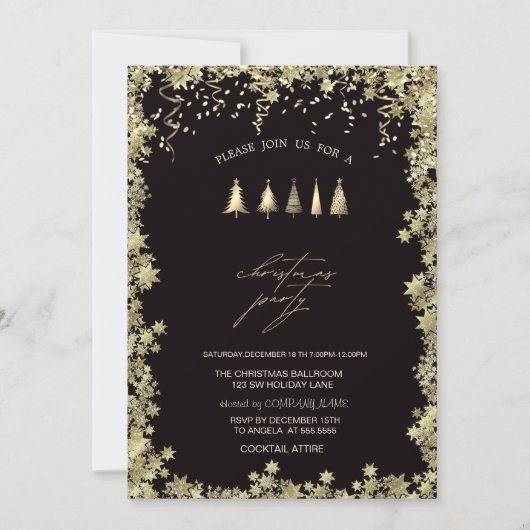 お祭りゴールドの松の木、星のクリスマスパーティー 招待状 (正面)