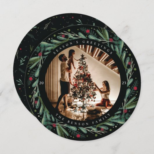 お祭りホリデー リースの葉の実の丸いカード シーズンカード (正面/裏面)