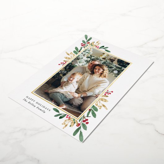 お祭りホリーデーとベリーの縦写真 箔シーズンカード (回転した状態)