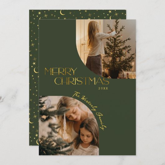 お祭りモダンメリークリスマスアーチ写真グリーン シーズンカード (正面/裏面)