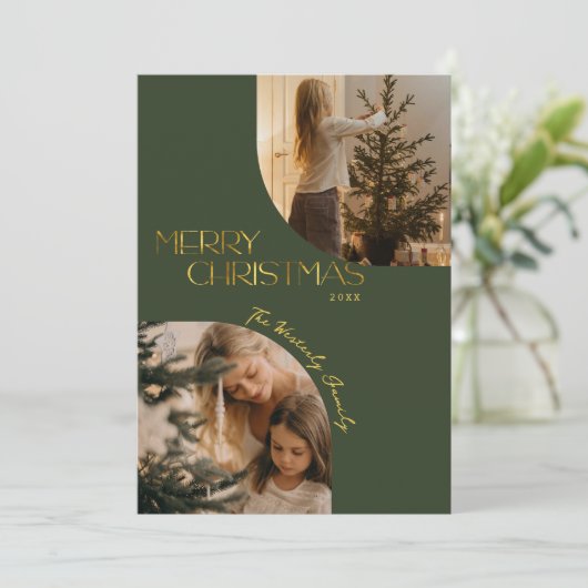 お祭りモダンメリークリスマスアーチ写真グリーン シーズンカード (スタンド正面)