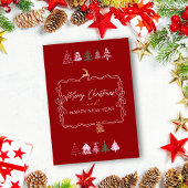 お祭りリボン＆ツリー落書き クラシックレッド ホリデーカード