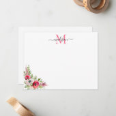 お祭りレッドピンク花のクリスマスホリデーモノグラム ノートカード (正面/裏面インサイチュ)