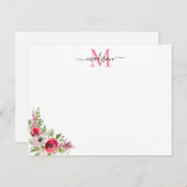 お祭りレッドピンク花のクリスマスホリデーモノグラム ノートカード (正面/裏面)