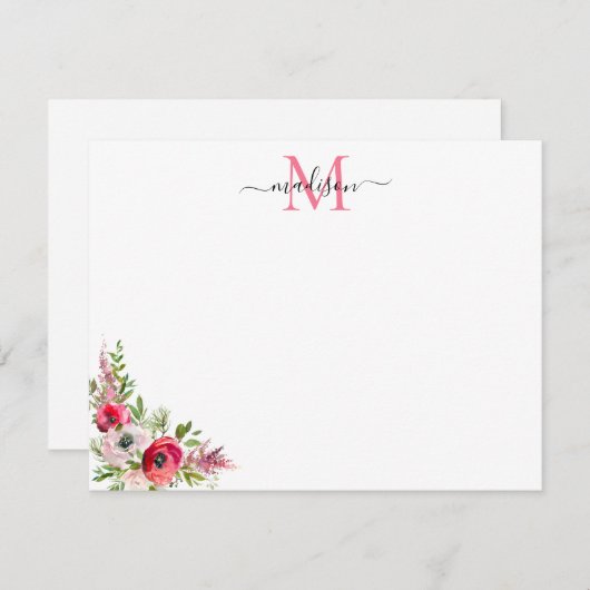 お祭りレッドピンク花のクリスマスホリデーモノグラム ノートカード (正面/裏面)