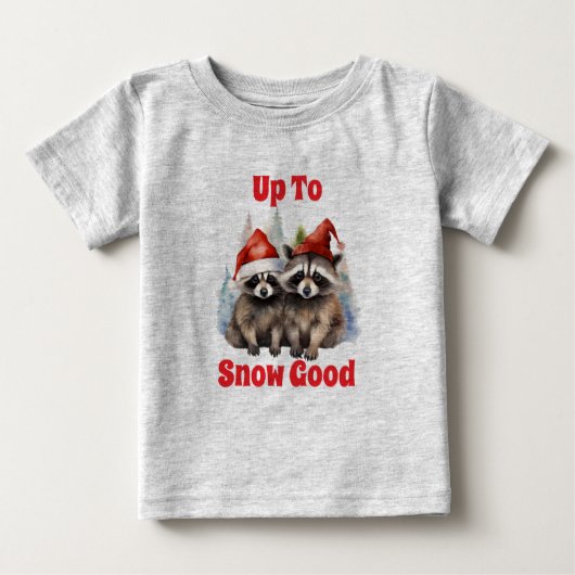 お祭り好きなアライグマの雪遊び ベビーTシャツ (正面)
