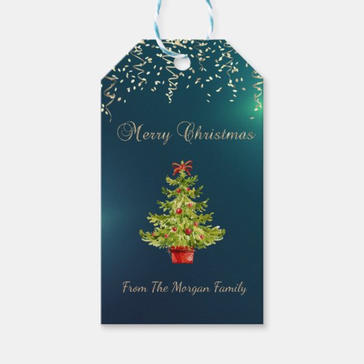 お祭り気分のコンフェッティ、クリスマスツリー、緑 ギフトタグ (正面)