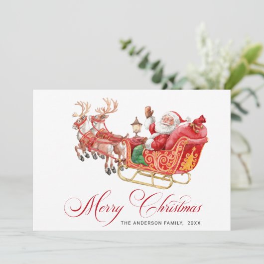 お祭り気分のサンタクロースのそりを使ったクリスマスグリーティング シーズンカード (スタンド正面)
