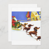 お祭り気分のダックスフントとサンタが引く水彩画のクリスマスカード シーズンカード (正面/裏面)