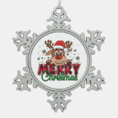 お祭り気分のトナカイ、メリークリスマス スノーフレークピューターオーナメント (正面)