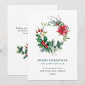 お祭り気分のホリーポインセチアのリース クリスマスグリーティング シーズンカード (正面/裏面)