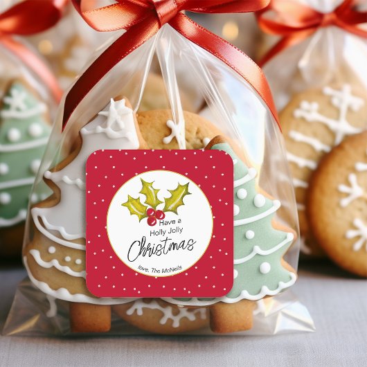 お祭り気分のホリーポルカドット楽しいクリスマス スクエアシール