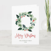 お祭り気分のホーリーベリーのリースのクリスマスグリーティング シーズンカード (正面)