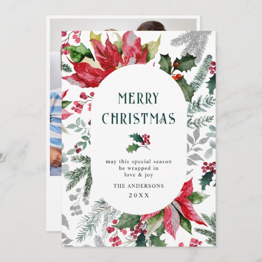 お祭り気分のポインセチアのクリスマスミスルトゥーの写真 シーズンカード (正面/裏面)