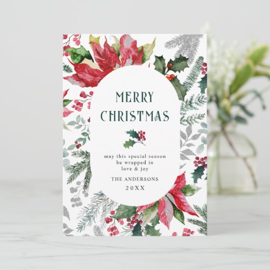 お祭り気分のポインセチアのクリスマスミスルトゥーの写真 シーズンカード (スタンド正面)