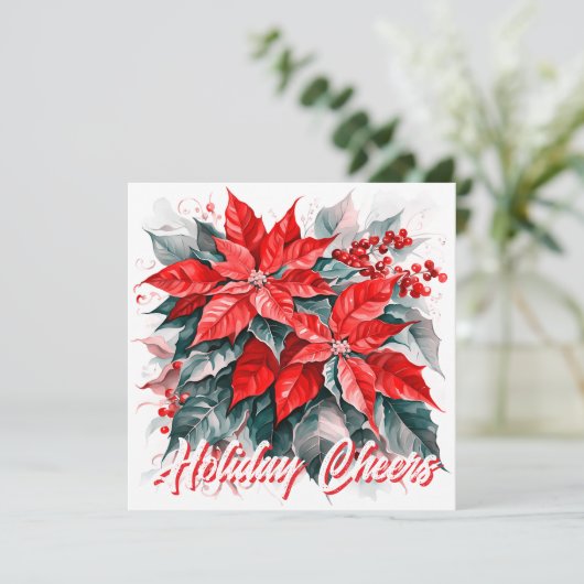 お祭り気分のポインセチア ホリデー グリーティング フラット カード (スタンド正面)
