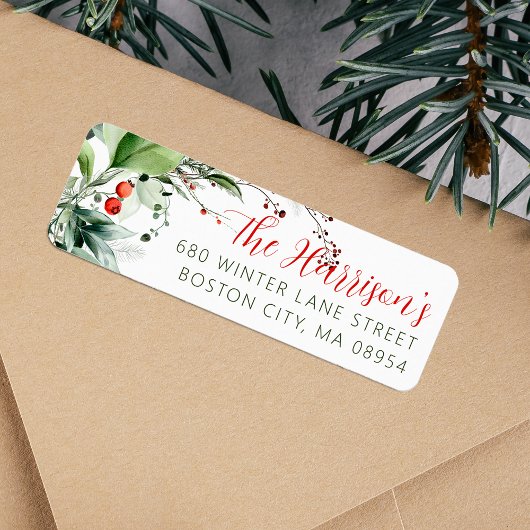 お祭り気分の水彩画のグリーンがあしらわれたクリスマス住所ラベル ラベル