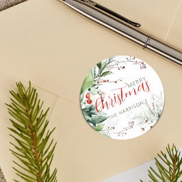 お祭り気分の水彩画のグリーン メリークリスマス ラウンドシール