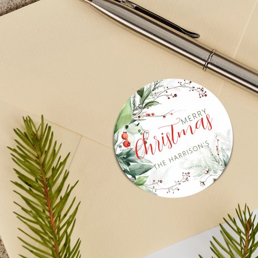 お祭り気分の水彩画のグリーン メリークリスマス ラウンドシール
