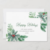 お祭り気分の水彩画のホリーベリーのクリスマスグリーティング シーズンカード (正面)