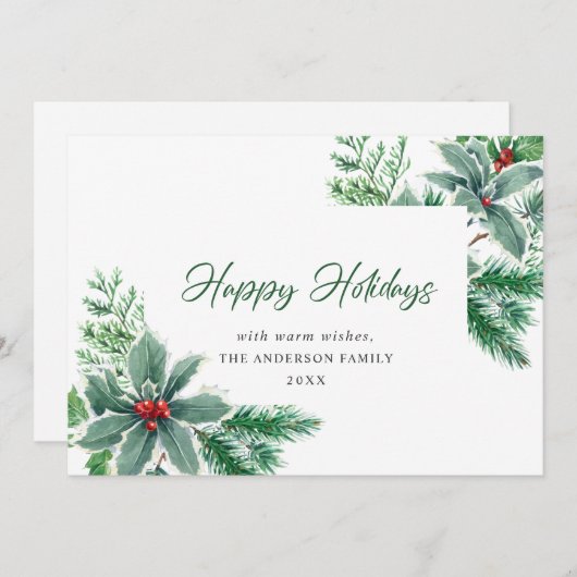 お祭り気分の水彩画のホリーベリーのクリスマスグリーティング シーズンカード (正面/裏面)
