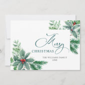 お祭り気分の水彩画のホリーベリーのクリスマスグリーティング シーズンカード (正面)