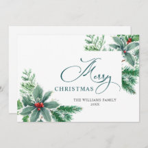 お祭り気分の水彩画のホリーベリーのクリスマスグリーティング
