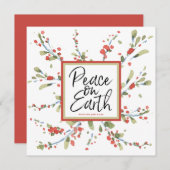 お祭り気分の水彩画の赤い実と冬の緑 シーズンカード (正面/裏面)