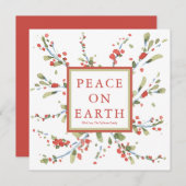 お祭り気分の水彩画の赤い実と冬の緑 シーズンカード (正面/裏面)