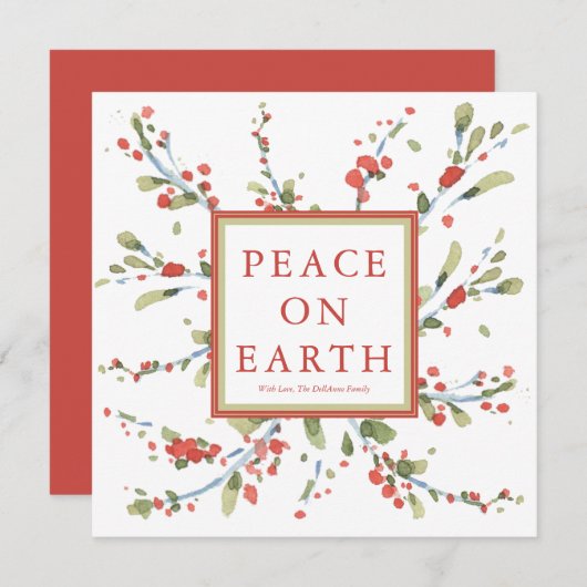お祭り気分の水彩画の赤い実と冬の緑 シーズンカード (正面/裏面)