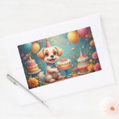 お祭り気分の誕生日を祝う陽気な犬 長方形シール (封筒)