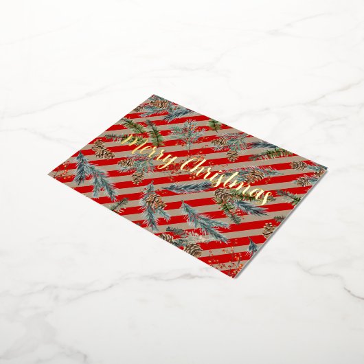 お祭り気分の赤いストライプの松とスプリースの円錐形クラフトホリデー 箔シーズンポストカード (回転した状態)