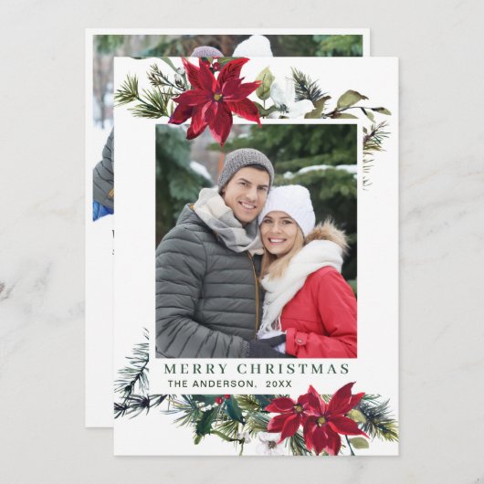 お祭り気分の赤いポインセチアのクリスマスグリーティング2枚組写真 シーズンカード (正面/裏面)