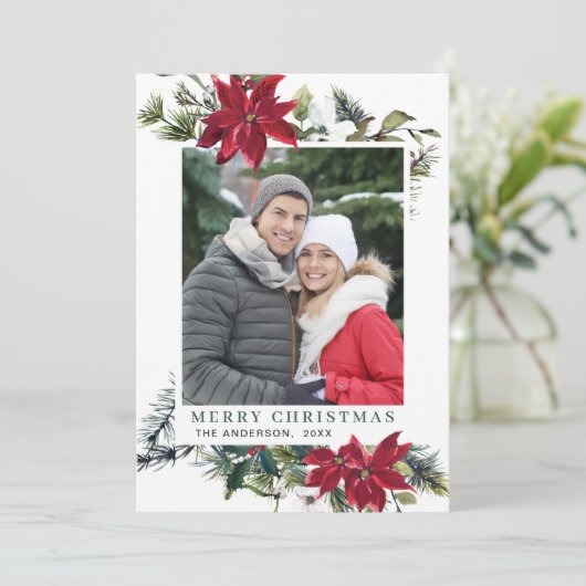お祭り気分の赤いポインセチアのクリスマスグリーティング2枚組写真 シーズンカード (スタンド正面)