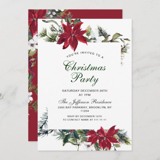 お祭り気分の赤いポインセチアのクリスマス パーティー 招待状 (正面/裏面)